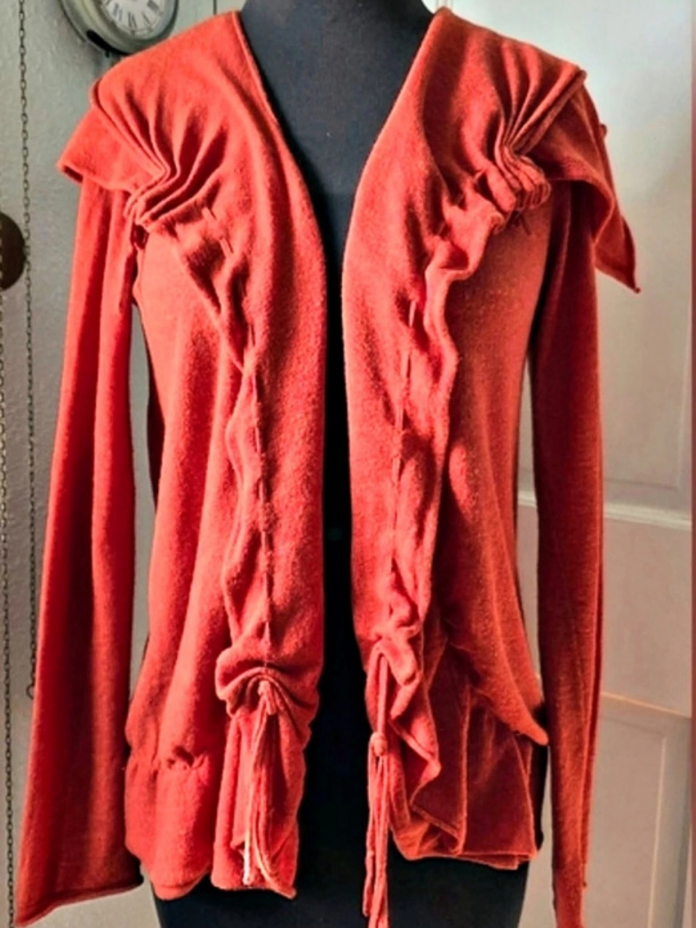 Anthropologie Sparrow Ruched Open Front Sweater Shrug in Rust  Size Small